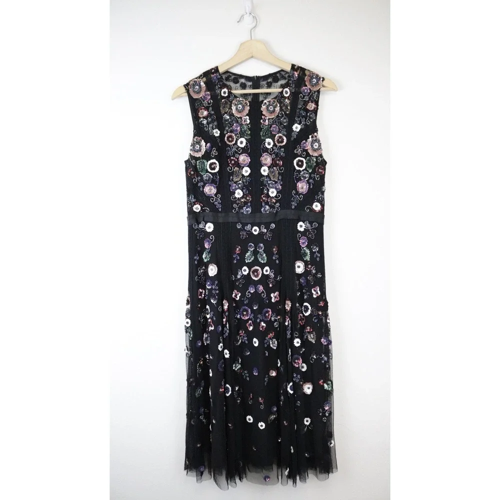 Needle & Thread Floral Ombre Dress 8 Black Sequin Beaded Embellished Midi - Picture 2 of 12